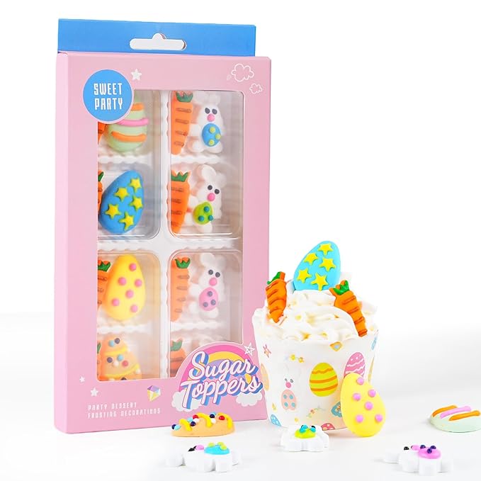 Easter Icing Decoration 16 Counts Edible Rabbit Eggs Carrot Royal Icing Decoration Sugar Sprinkles for Baking Cupcake Topper Cake Ice Cream Cookies Chocolate