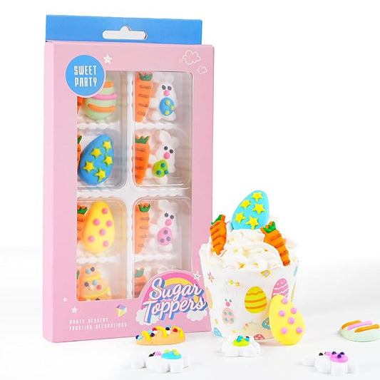 Easter Icing Decoration 16 Counts Edible Rabbit Eggs Carrot Royal Icing Decoration Sugar Sprinkles for Baking Cupcake Topper Cake Ice Cream Cookies Chocolate