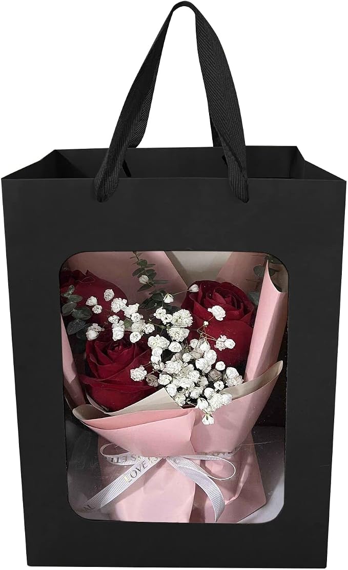 12Pcs Black Paper Gift Bags with Transparent Window, 9.84"x7.0"x5.12" | Kraft Shopping Bags with Handles for Bouquet Christmas Birthdays Festivals Party Weddings Wrapping