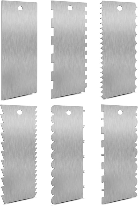 SenseYo 6 Pcs 9 Inch Stainless Steel Cream Cake Scraper Smoother Comb with Double Sides for Decorating Icing Mousse Butter