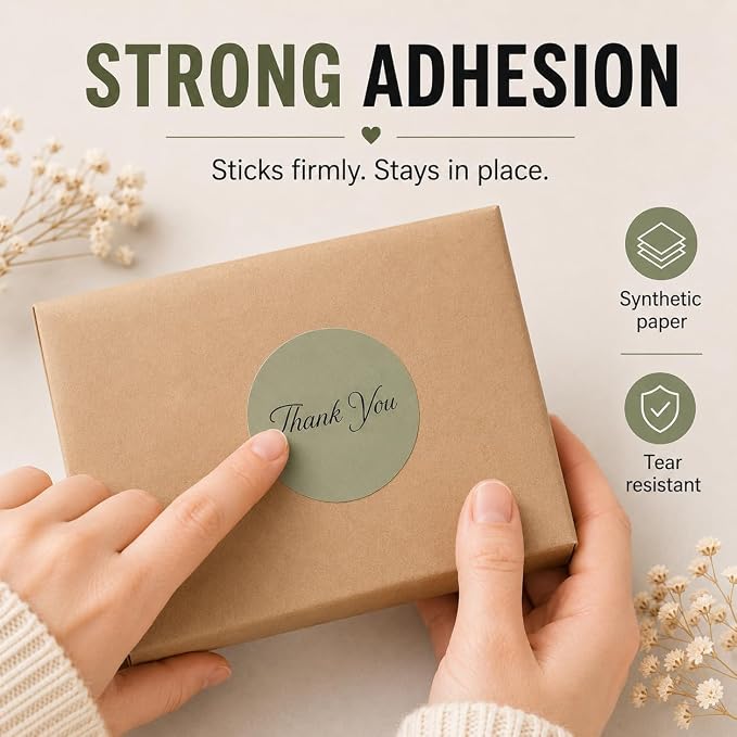 Sage Green Thank You Stickers Roll for Small Business - 500 Pcs 1.5 Inch Round Thank You Labels for Packaging, Boho Green Envelope Seals for Baby Shower, Wedding Favors, Eucalyptus & Botanical Gifts