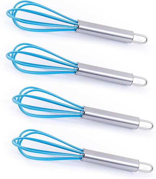 Mini Whisks 6 inch 4Pcs silica gel stainless steel Whisk, Hand Egg Mixer for Flour Cake Egg, Kitchen Cooking Baking Use Whisk (blue)
