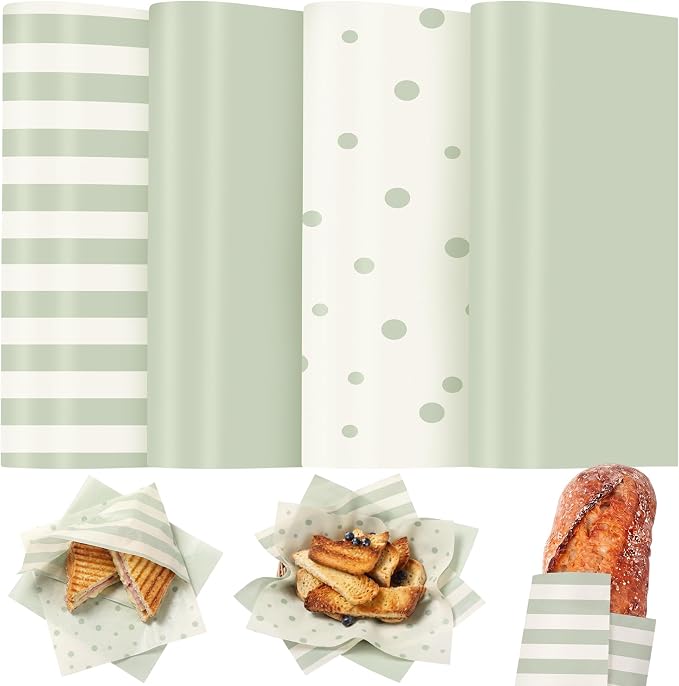 Feifeiya Floral Wax Paper Sheet for Food Chinoiserie Bird Deli Paper Waterproof Sandwich Wrapping Greaseproof Food Basket Liners for Picnic Party Kitchen Supply (200, Sage Green, Striped)