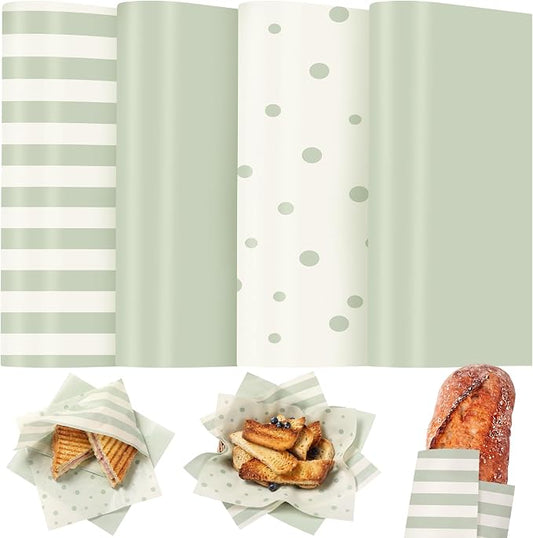 Feifeiya Floral Wax Paper Sheet for Food Chinoiserie Bird Deli Paper Waterproof Sandwich Wrapping Greaseproof Food Basket Liners for Picnic Party Kitchen Supply (200, Sage Green, Striped)