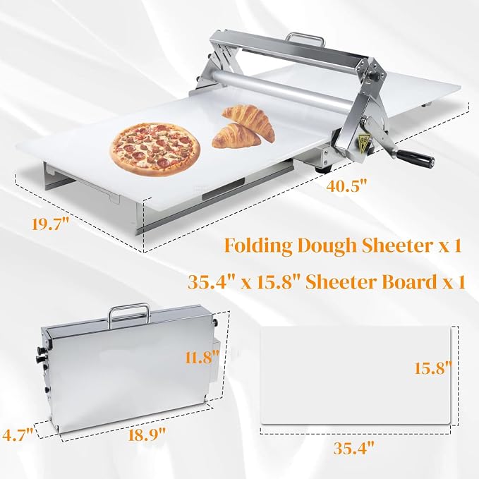 15.8" Folding Dough Sheeter with Sheeter Board Thickness Adjustable Manual Countertop Dough Sheeter Roller Machine Stainless Steel for Pizza Puff Pastry Dough