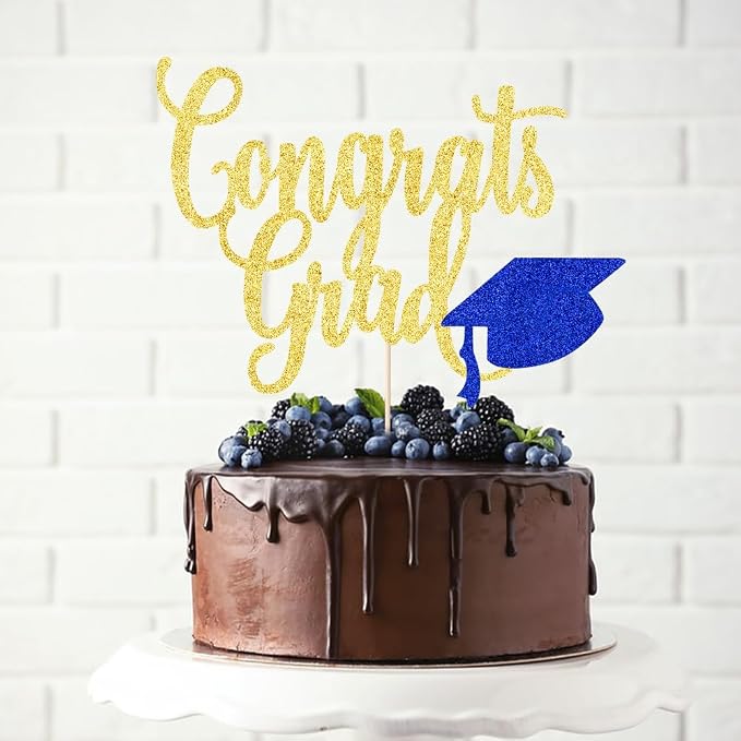 Congrats Grad Cake Topper,2026 Graduation Cake Topper, Congrats Grad Decorations,2026 High School/College/Senior Graduation Party Decorations Supplies. (Congrats Grad Gold dark blue)