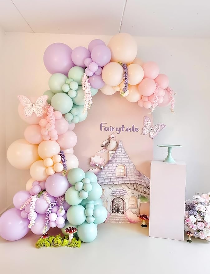 Fairy Balloon Arch Kit – 159PCS Pastel Pink Purple Dusty Blue Green Orange and Gold Balloons, for Fairtale Birthday, Baby Shower, Spring Garden Tea Party, Wonderland Party Decor