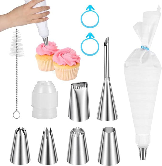 11 Piece Reusable Piping Bags and Tips Set, 16inch Pastry Bags with 6pcs Large Stainless Icing Tips, Coupler and Cleaner, Suitable for Cake Decorating, Cupcakes, Cookies