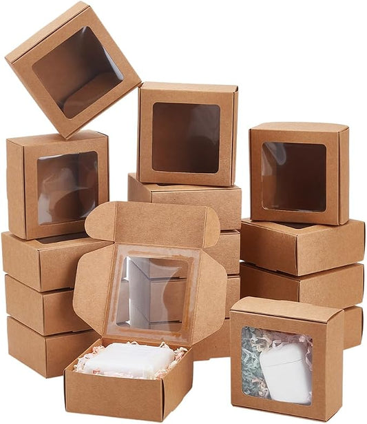 BENECREAT 30pcs Square Kraft Paper Boxes, Gift Boxes with Clear PVC Window for Wedding Gift, Chocolates, Cookies and Other Small Crafts, 3.6x3.6x1.57 Inch