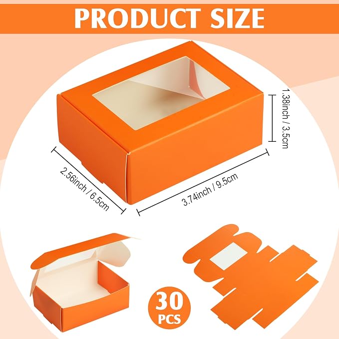 Zonon 30 Pcs Soap Boxes for Homemade Packaging, Mini Kraft Boxes with Window for Bakery Candy Soap Making Gift Packaging, 3.7x2.6x1.4 Inch (Orange)