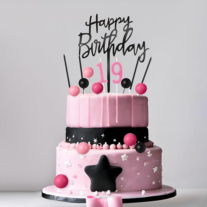 Yerliker 34 Pcs Happy Birthday Cake Toppers Decorations Birthday Candles DIY Cake Decor for Men Women Wedding Anniversary(Black Pink Rose Red)