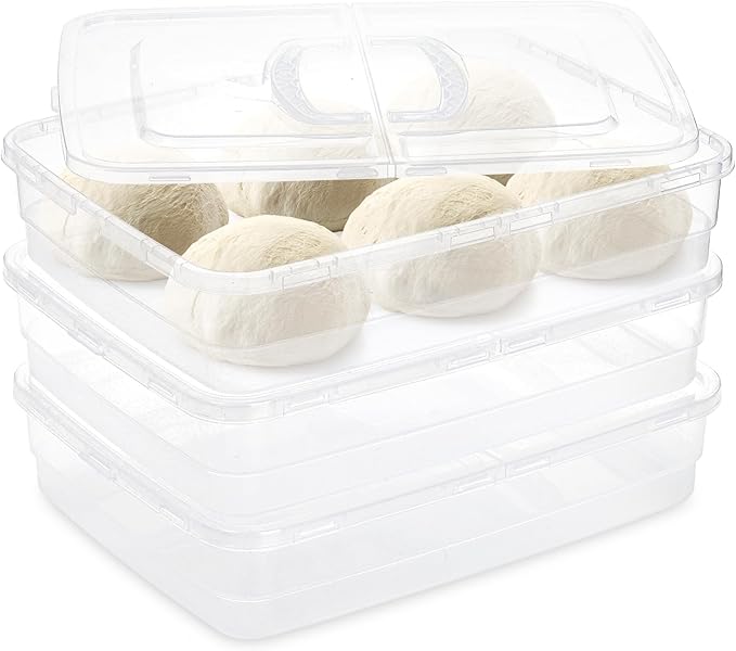 Lawei 3 Pack Pizza Dough Proofing Box, 14 x 10 Inch Dough Trays with Lid and Handle for Pizza, Stackable Pizza Bread Fermentation Storage Containers, Translucent Box with Cover Dough Tray, BPA Free