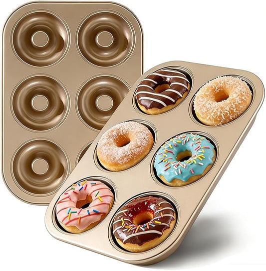 2 Pack Nonstick Donut Pan, 6 Cavity Heavy Duty Steel Mini Bagel Mold, Oven Safe Doughnut Baking Tray (Gold, 6 Cup)