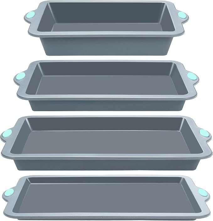To encounter Silicone Baking Pans Set, 4 Pieces Nonstick Bakeware Set with Baking Pans, Baking Sheets, Cookie Sheets, Cake Pan with Metal Reinforced Frame More Strength, Light Grey