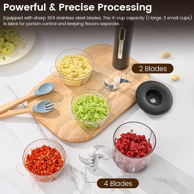 Wireless Electric Food Processor, 4-Cup Portable Food Chopper for Vegetables Meat Garlic, USB Rechargeable Mini Blender with Stainless Steel Blades
