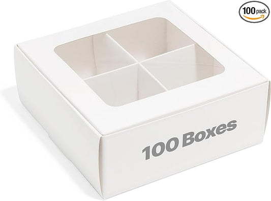 100 pcs White Mini Cookie Boxes for 4 treats with Window and Dividers, Bakery Boxes, 6 x 6 x 2.4 Inches SMALL Baking Boxes, Square Cookies Box Decorating Supplies for Gift Giving