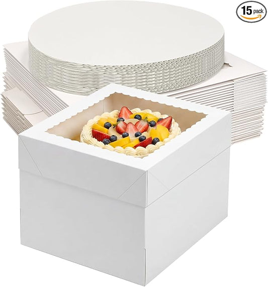 CRUGLA 15 Pack 10x10x8 Cake Boxes with Cake Boards, White Bakery Window Boxes, Tall Dessert Carrier for Birthdays, Weddings & Bake Sales