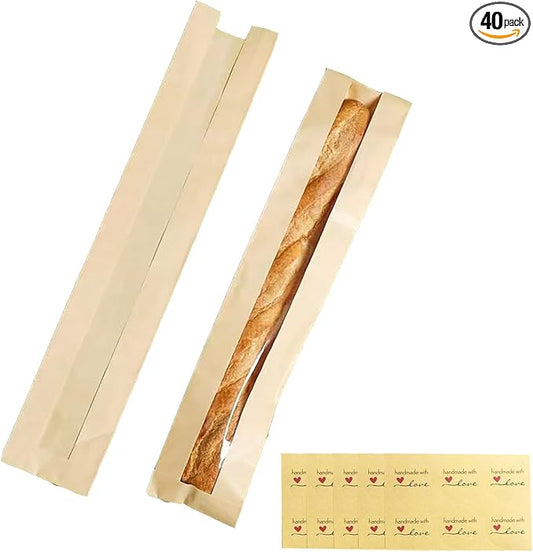 40 Pack Baguette Bags,Kraft Paper Long French Bread Bags for Homemade Bread with Clear Front Window(23.5 x 4.3 x 1.6 Inch),Label Seal Sticker Included