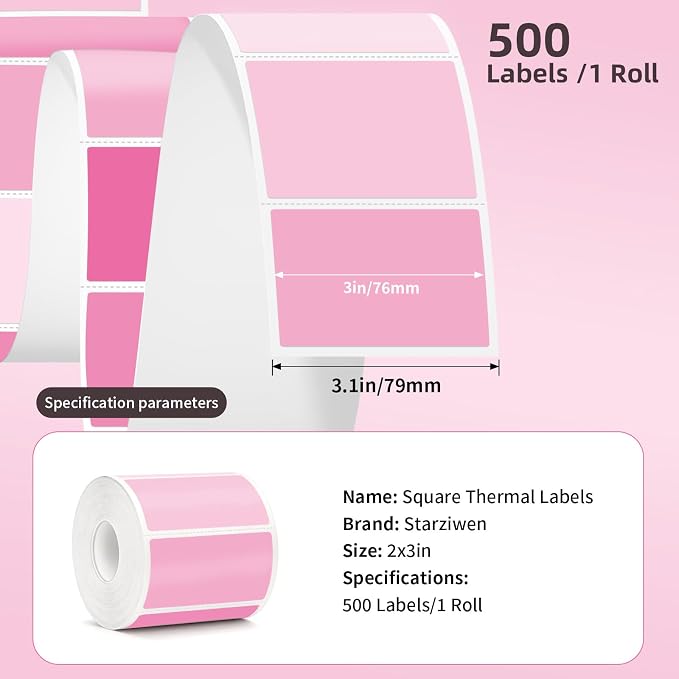 2"x3" 500pcs Rectangle Thermal Labels, Pink Stickers for Thermal Printer | Waterproof, Multi-Color, Gradient Pink, Oil-Proof, BPA-Free, Strong Adhesive, DIY Logo, Compatible with Munbyn/Rollo/Zebra