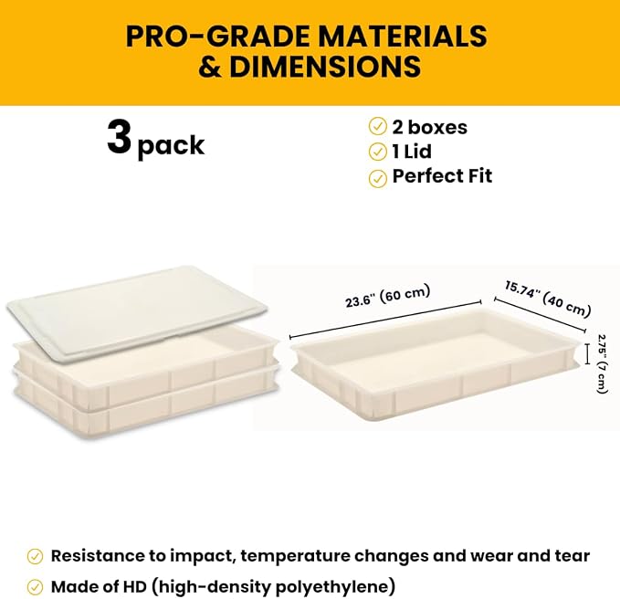 L'Oro Del Sud Commercial Dough Proofing Box Tray with Lid, White, 2 Trays | 23.6" x 15.74" x 2.75" Stackable Dough Tray for Pizza Dough Proofing, Impact and Temperature Bin Resistant, Product of Italy