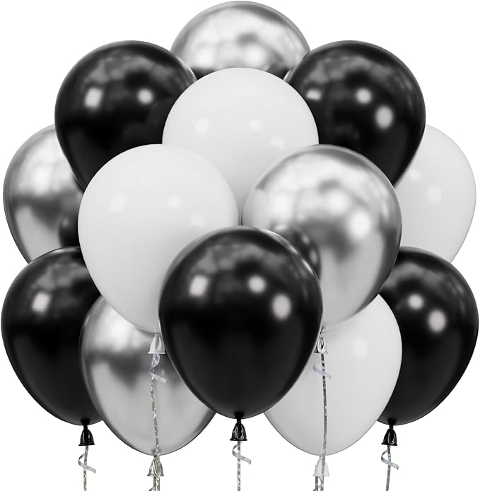 SUWEN Black and Silver Balloons,60pcs 12 inch Black White Silver Metallic Chrome Balloons for New Year Birthday Wedding Anniversary Party Decoration