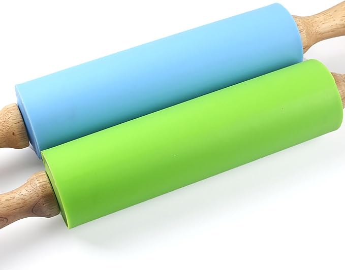 Silicone Rolling Pin, Green 11.4 Inch Pin with Wooden Rotatable Handle for Dough of Baking Bread, Cookie, Pizza (green, 9 inch) (green, 11.4 inch)