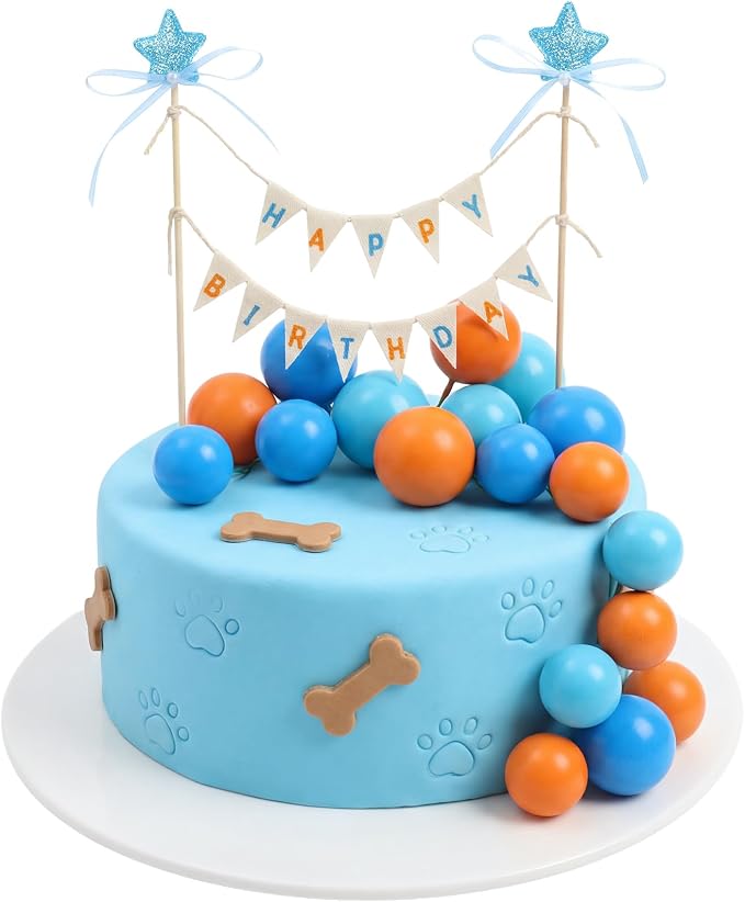 31 Pcs Happy Birthday Cake Topper Cake Bunting Topper Banner with Wood Pole Rainbow Garland with Bow Ribbon Balloon, Mini Cupcake Decor for Birthday Baby Shower (Blue Orange Paw Print)