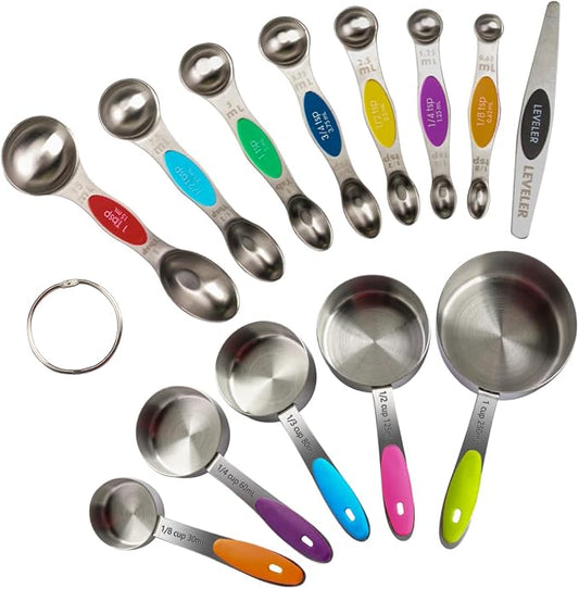 13-Piece Magnetic Measuring Spoons and Cups Set, Stainless Steel Kitchen Measure Tools with Silicone Handles, Nesting Dry and Liquid Measuring Cups for Baking Cooking (Multicolor)