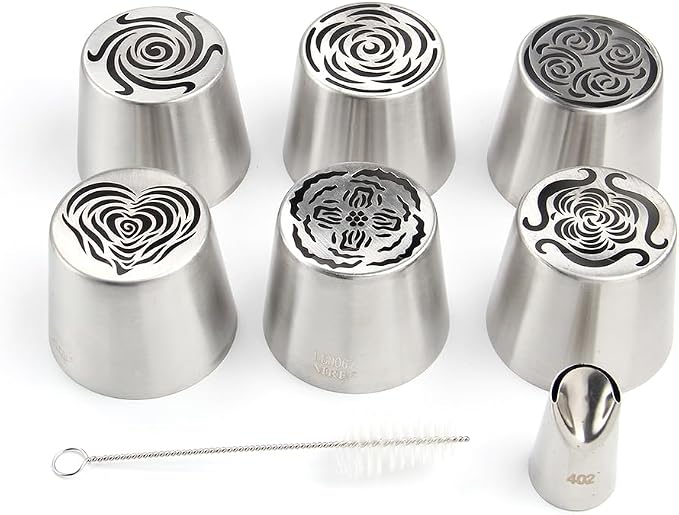 6 Pieces Stainless Steel Extra Large Russian Tulip Icing Tips Kit, Cupcake Dessert Marshmallow Piping Nozzles Set,1 Cleaning Brush,1 Medium Ruffle Icing Tip for Cake Decorations,Pastry Baking Tools
