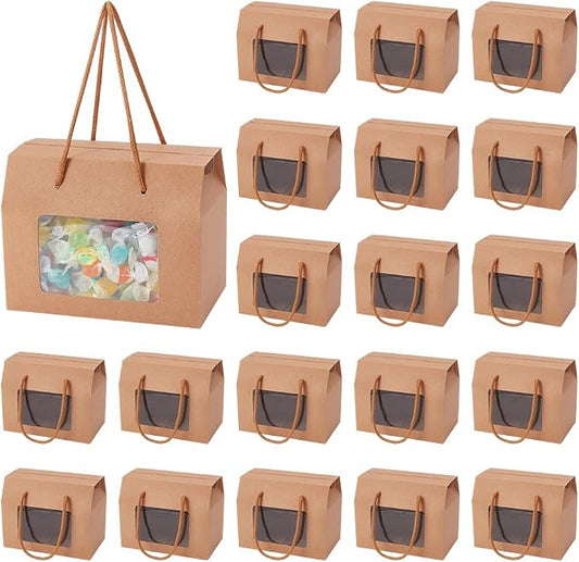 BENECREAT 20 Packs Kraft Paper Stand Up Gift Box Bags 5.9x3.5x4.7 Inch, BurlyWood Cupcakes Cookies Box with Clear Window and Handle for Packaging, Retail, Party, Gifts, Wedding, Business