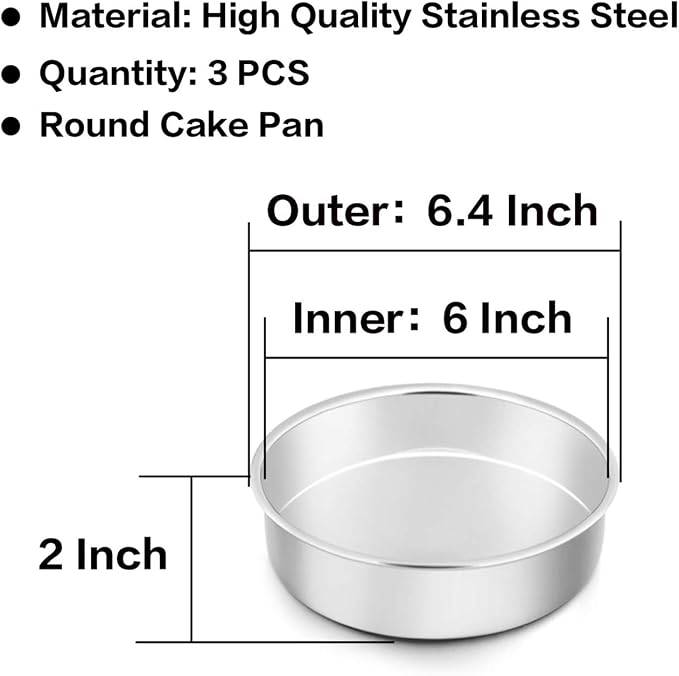 TeamFar 6 Inch Cake Pan, Round Smash Cake Pan Tier Baking Pans Set Stainless Steel, Fit in Pot Pressure Cooker Air Fryer, Healthy & Non-Toxic, Mirror Finish & Sturdy, Oven & Dishwasher Safe - Set of 3