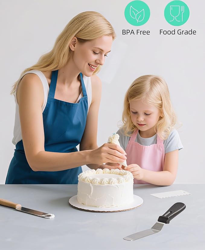 21Pcs Cake Decorating Tools: Reusable Pastry Bags & Tips Kit | 21pc Set Contain: 2 Reusable Icing Bags, 12 Tips, 3 Scrapers, 2 Couplers & 2 Bag Ties