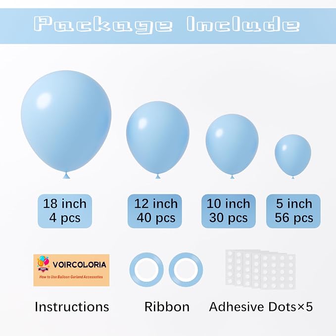 Voircoloria 130pcs Light Blue Balloons Different Sizes 18" 12" 10" 5" Baby Blue Balloons for Boys Girls Birthday Baby Shower Gender Reveal Wedding Children's Day Decorations
