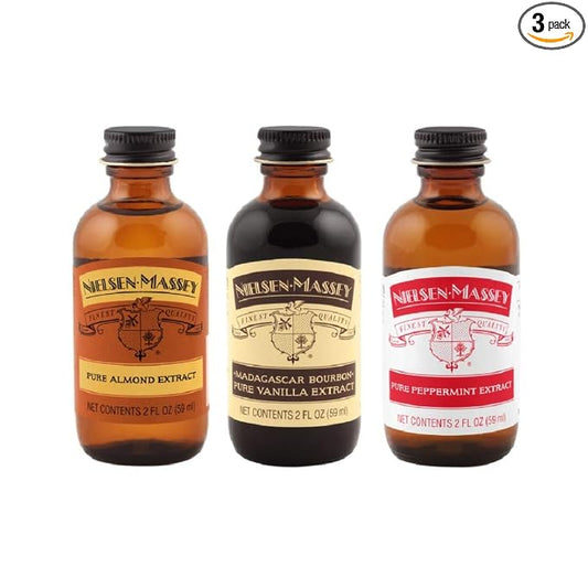 Nielsen-Massey Holiday Gifts Food Flavoring Bundle, Almond Extract, Peppermint Extract, Madagascar Bourbon Pure Vanilla Extract for Baking and Cooking, 2 Ounce Bottles