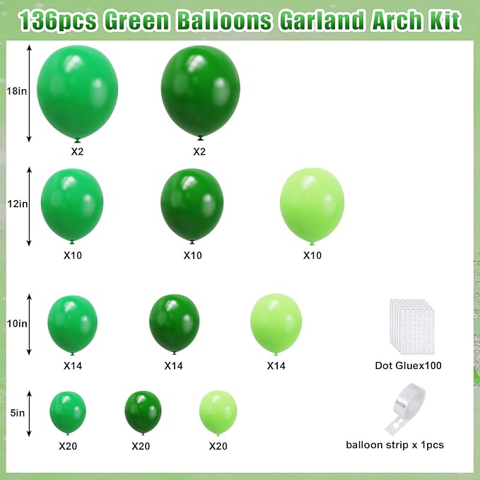 YMSZ Green Balloon Garland Arch Kit, Dark Green Lime Green Latex Balloons for St. Patrick's Day, Baby Shower, Jungle Safari Birthday Party Decorations