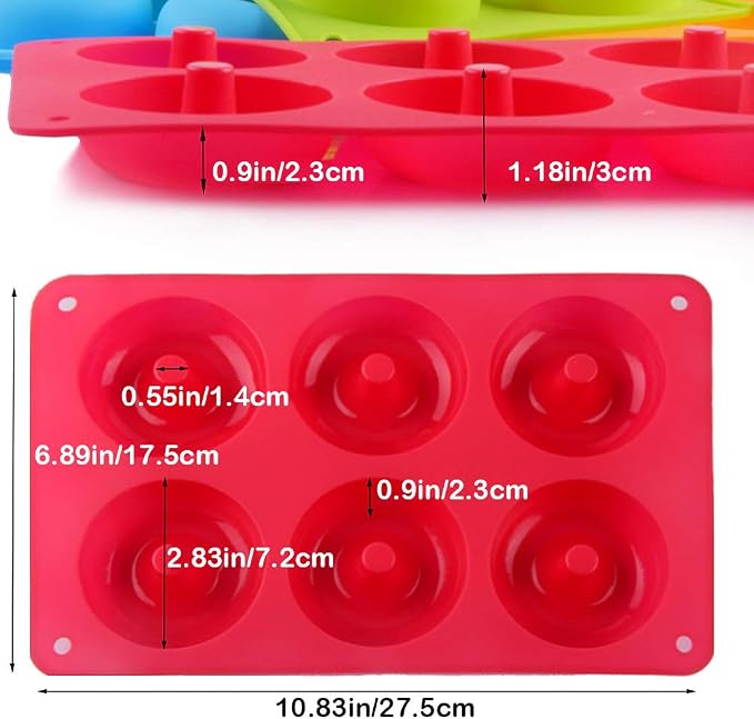 Magik 1-2 Pack Silicone 6 Cavity Donut Mold Donut Mould Pan Baking Tray Bagels Cake Biscuit Muffins Daily Party Events (1, Red)