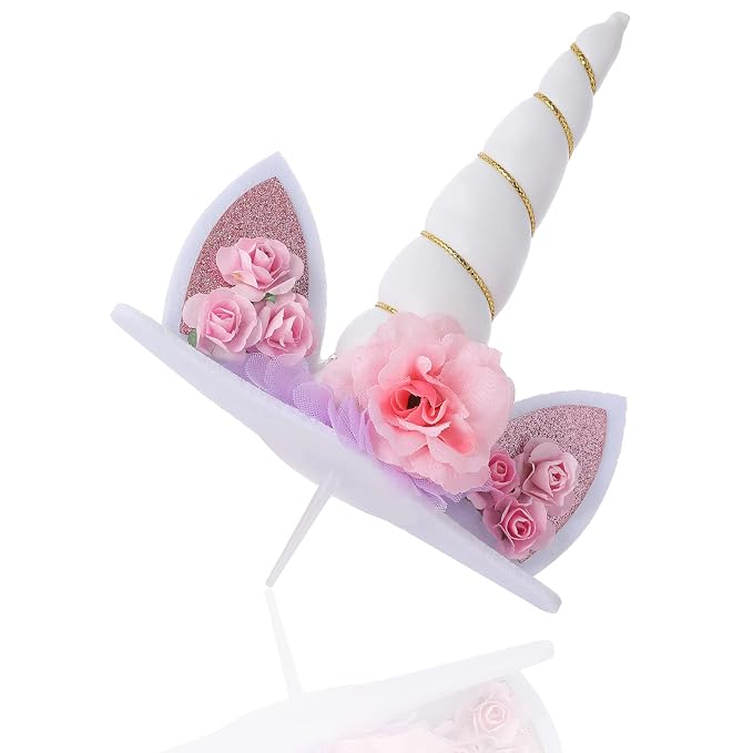 Zkptops Unicorn Cake Topper Birthday Party Supplies Unicorn Birthday Decorations White Horn Cake Topper Accessory with Eyelashes Cute Handmade Reusable Cake Toppers for Girls Kids Women 5.8 Inch