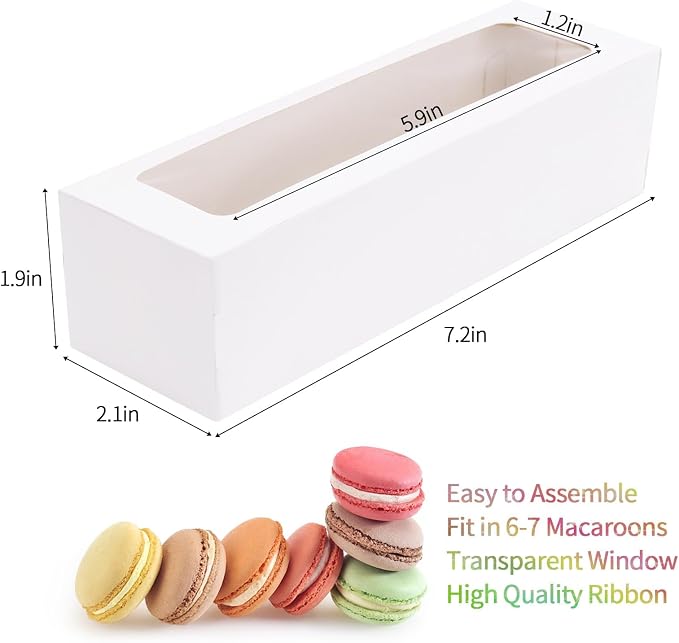 NPLUX Macaron Boxes, 25 Pack White Dessert Boxes with Clear Window and Ribbon, 7.2 x 2.1 x 1.9 In, Fits 5 to 7 Macarons, Bakery Packaging Boxes for Gifts, Cookies, Graduation Gifts Party Favors