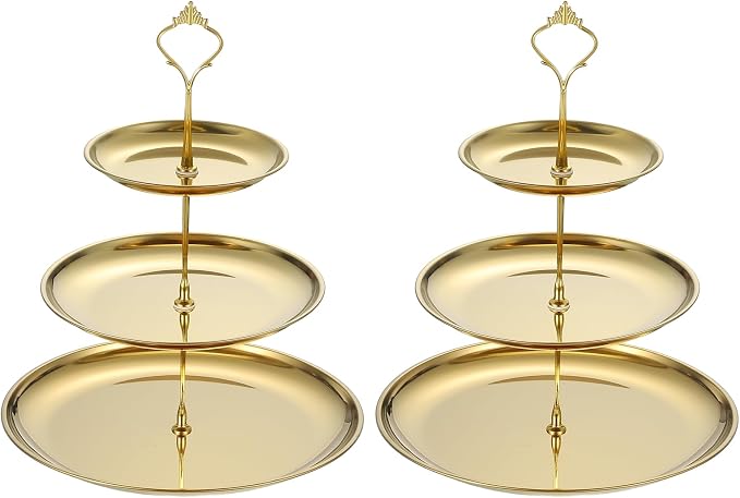 uxcell 2 Sets 3-Tier Cupcake Stand Holder, Round Tiered Serving Tray Stainless Steel Cup Cake Stand for Dessert Fruit Table Birthday Party Decoration Display, Gold