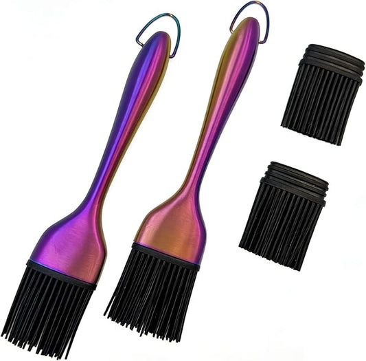 Silicone Basting Brush, Rainbow, 2 Pack with 2 Extra Heads | Stainless Steel Handle, Heat Resistant, For BBQ, Baking, Grilling