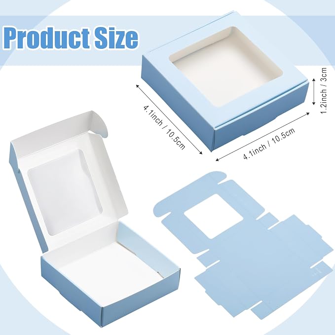 Zonon 60 Pcs Kraft Paper Boxes with Window 4.13 x 4.13 x 1.18 Inch Candy Packaging, Small Gift Boxes, Soap holder, Mini Treat Packaging for Bakery Chocolate Jewelry Display (Blue)
