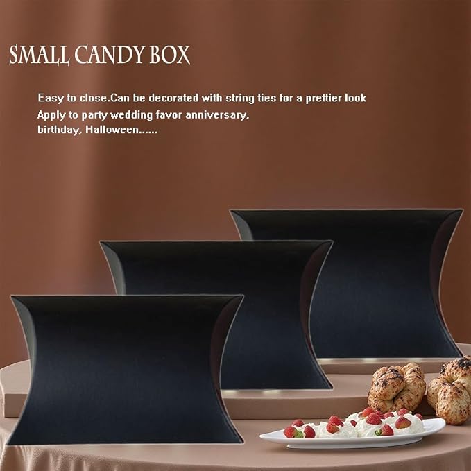 icyhey 50 Pcs Kraft Paper Pillow Gift Boxes,3.5x2.6 Inch Mini Folding Treat Boxes, Creative Favor Box Folding Treat Boxes for Bakery, Candy, Jewelry, Wedding & Party Favors(Black-1)