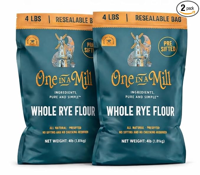 One in a Mill Whole Rye Flour | 8 LB [Pack of 2] Unbleached Pre-sifted Premium Quality Flour for Baking Bread, Cakes, Pie Crusts, Artisan Doughs & Sourdough Starter