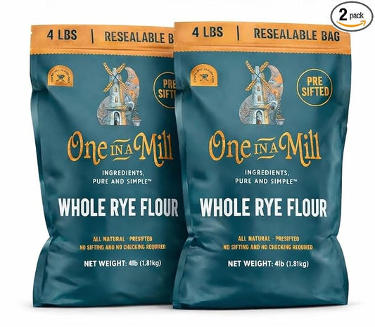 One in a Mill Whole Rye Flour | 8 LB [Pack of 2] Unbleached Pre-sifted Premium Quality Flour for Baking Bread, Cakes, Pie Crusts, Artisan Doughs & Sourdough Starter