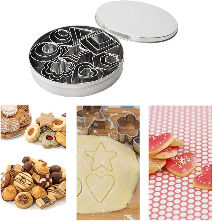 24-Piece Stainless Steel Mini Geometric Shaped Cookie Biscuit Cutter Set Hexagon Square Heart Triangle Round Flower Star Baking Metal Molds to Cut Out Pastries,Dough,Pie Crust,Fruit,Fondant