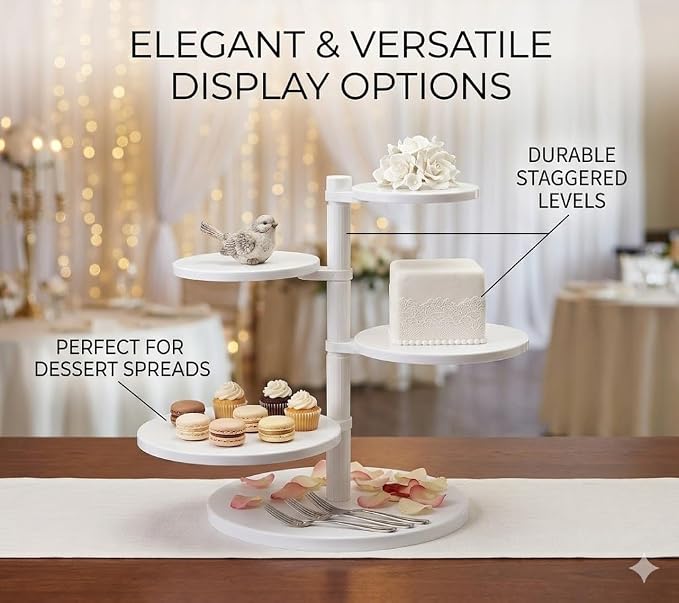 Oasis Supply 4-Tier Adjustable Cake Stand – White Plastic Dessert Display Stand, Tiered Cupcake Stand with Customizable Height for Cakes, Cupcakes, Weddings, Birthdays & Party Decorations