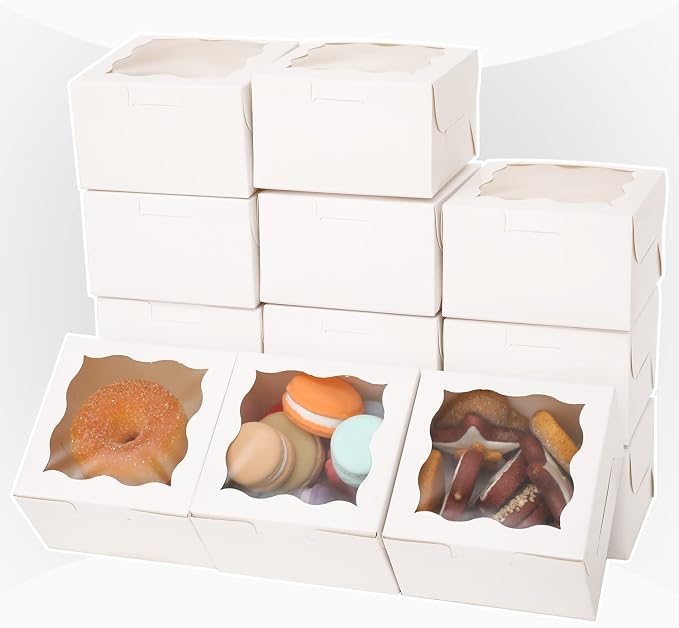 Bakepacker 400pcs White Bakery Boxes with Window 4"x 4"x 2.5" Thick & Cookie Boxes & Sturdy Macaroon Pastry