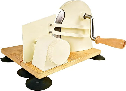 Bread Slicer Machine, Adjustable Thickness Stainless Steel Blade Bread Cutter with 6 Large Suction Cups, Foldable Compact Design Non-Slip Base for Homemade Bread Slicing (Off-white, Wood Base)