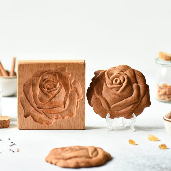 Carved Wooden Gingerbread Cookie Mold,3D Wooden Baking Mold Cookie Biscuit Press Stamp Molds,Cookie Cutter,Cookie Stamp,DIY Biscuit Stamp Mould for Halloween Thanksgiving Christmas(Red Rose)