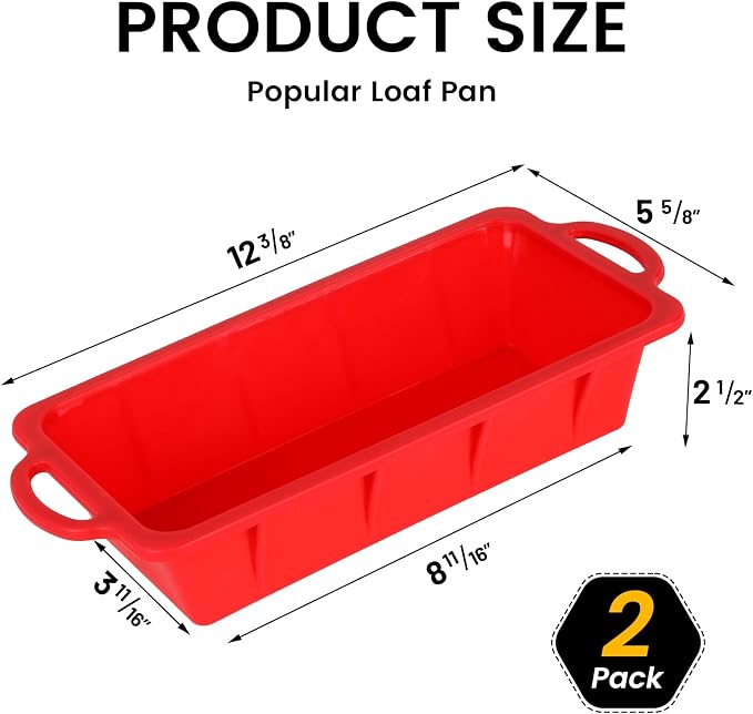 Vinino 2 Pack XLarge Nonstick Silicone Loaf Pans 12.5x5.5'' for Baking | 2 Extra-Large Pans for Baking Long Loaves, Paired Meatloaves & Pound Cake Batches, Red